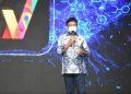Menteri Komunikasi dan Informatika, Johnny G. Plate ketika memberikan sambutan dalam Peluncuran Eventori Super Apps, yang berlangsung secara hibrida dari Cendrawasih Hall, JCC Senayan, Jakarta Selatan, Rabu (02/02/2022). - (AYH)